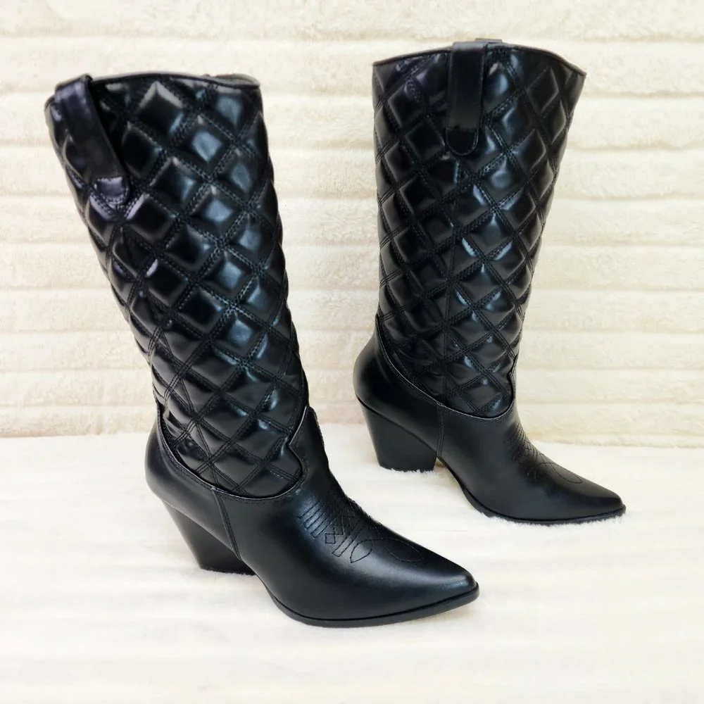 Bells Quilted Faux Leather Western Mid Calf Cowgirl Boots Black